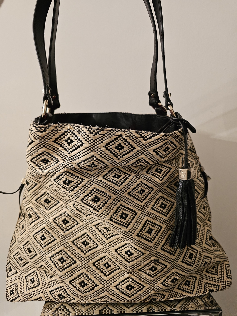 Stella+Dot Black and Cream Diamond-Pattern Shoulder Bag with Tassel